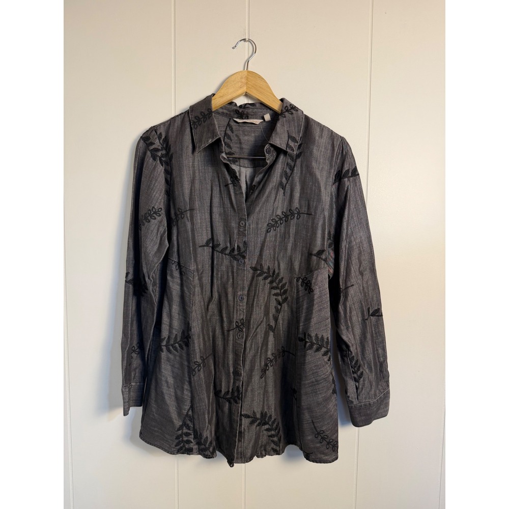 Soft Surroundings Button Down PM Gray Embroidered Leaf Tencel Tunic 3CV85